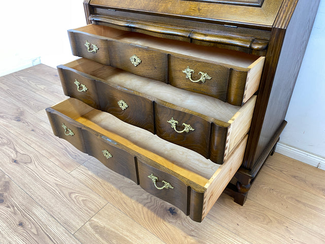 WMK Sehr gut erhaltener dänischer Vintage Schreibschrank aus vollem Holz mit schönem Bleiglas Aufsatz & edlen Messingbeschlägen # Sekretär Schreibtisch Büchervitrine Bücherschrank Bücherregal Vitrine