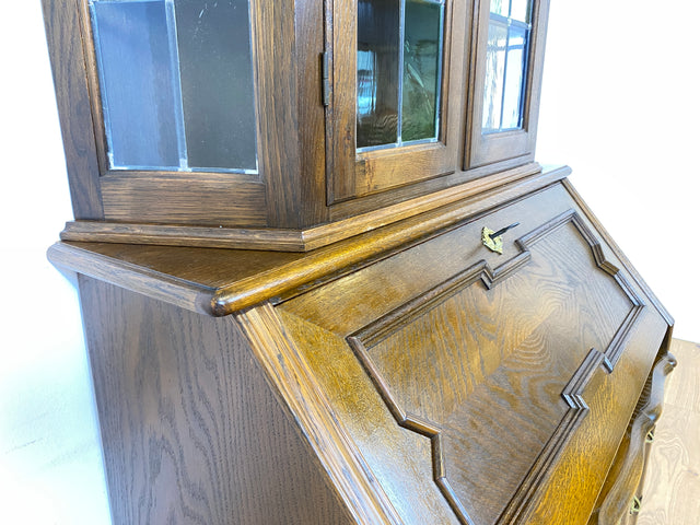 WMK Sehr gut erhaltener dänischer Vintage Schreibschrank aus vollem Holz mit schönem Bleiglas Aufsatz & edlen Messingbeschlägen # Sekretär Schreibtisch Büchervitrine Bücherschrank Bücherregal Vitrine