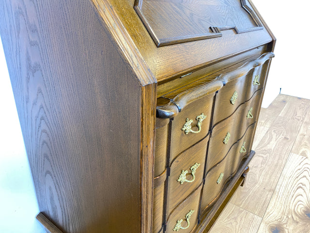 WMK Sehr gut erhaltener dänischer Vintage Schreibschrank aus vollem Holz mit schönem Bleiglas Aufsatz & edlen Messingbeschlägen # Sekretär Schreibtisch Büchervitrine Bücherschrank Bücherregal Vitrine