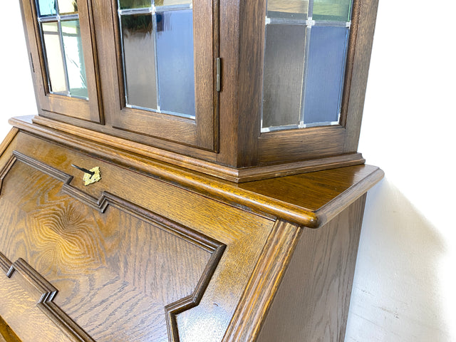 WMK Sehr gut erhaltener dänischer Vintage Schreibschrank aus vollem Holz mit schönem Bleiglas Aufsatz & edlen Messingbeschlägen # Sekretär Schreibtisch Büchervitrine Bücherschrank Bücherregal Vitrine