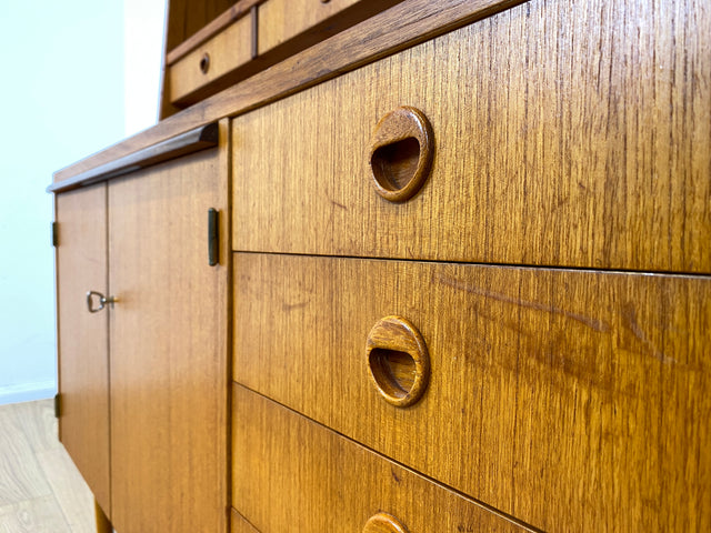 WMK Stilvoller skandinavischer Bücherschrank in Teakholz mit Schubladen & ausziehbarer Schreibplatte # Bücherregal Sekretär Regal Schreibschrank Highboard Sideboard Vintage Danish Design Mid-Century