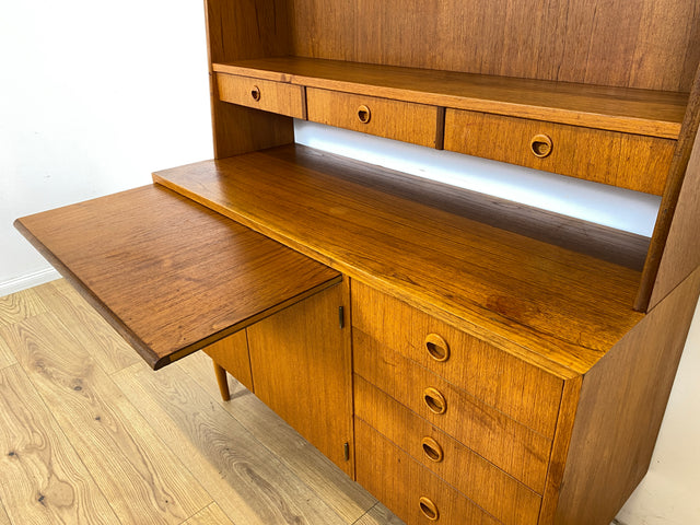 WMK Stilvoller skandinavischer Bücherschrank in Teakholz mit Schubladen & ausziehbarer Schreibplatte # Bücherregal Sekretär Regal Schreibschrank Highboard Sideboard Vintage Danish Design Mid-Century