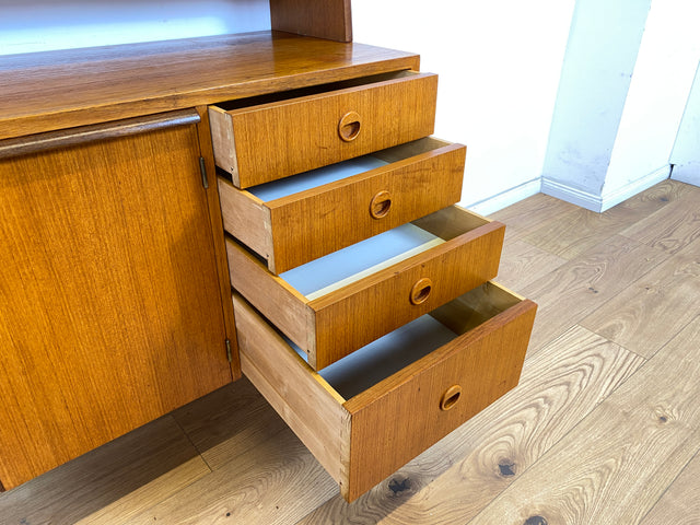 WMK Stilvoller skandinavischer Bücherschrank in Teakholz mit Schubladen & ausziehbarer Schreibplatte # Bücherregal Sekretär Regal Schreibschrank Highboard Sideboard Vintage Danish Design Mid-Century