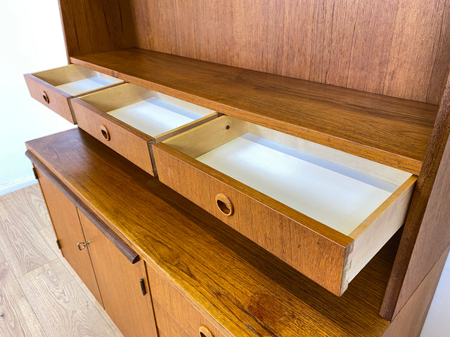 WMK Stilvoller skandinavischer Bücherschrank in Teakholz mit Schubladen & ausziehbarer Schreibplatte # Bücherregal Sekretär Regal Schreibschrank Highboard Sideboard Vintage Danish Design Mid-Century