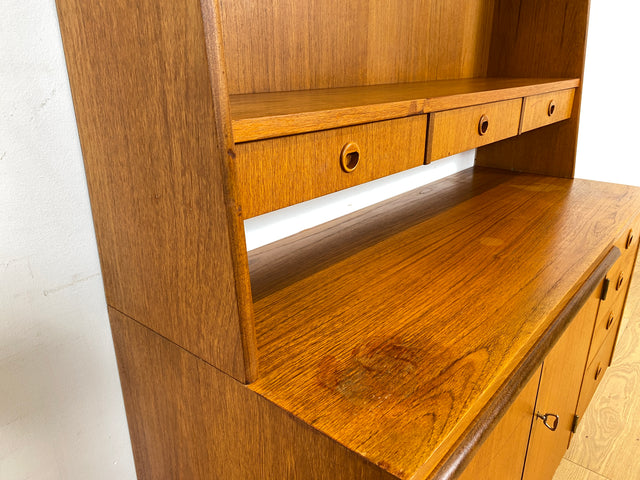 WMK Stilvoller skandinavischer Bücherschrank in Teakholz mit Schubladen & ausziehbarer Schreibplatte # Bücherregal Sekretär Regal Schreibschrank Highboard Sideboard Vintage Danish Design Mid-Century