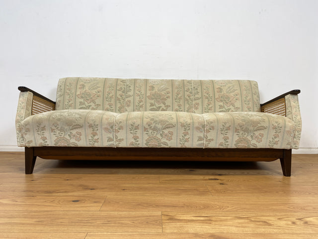 WMK Wunderschönes & sehr gut erhaltenes 50er Jahre Schlafsofa mit feinem floralem Bezug, Wiener Geflecht & Bettwäschefach # Sofa Couch Schlafcouch Klappcouch Daybed Sitzgarnitur Mid-Century Vintage