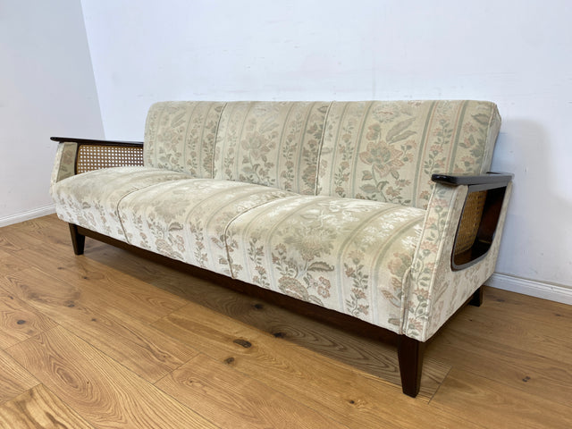 WMK Wunderschönes & sehr gut erhaltenes 50er Jahre Schlafsofa mit feinem floralem Bezug, Wiener Geflecht & Bettwäschefach # Sofa Couch Schlafcouch Klappcouch Daybed Sitzgarnitur Mid-Century Vintage