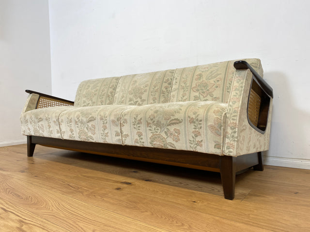 WMK Wunderschönes & sehr gut erhaltenes 50er Jahre Schlafsofa mit feinem floralem Bezug, Wiener Geflecht & Bettwäschefach # Sofa Couch Schlafcouch Klappcouch Daybed Sitzgarnitur Mid-Century Vintage