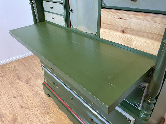 WMK I Imposanter grüner antiker Schreibschrank aus vollem Holz mit stabiler Schreibklappe und Schubladen I Sekretär Schrank Highboard Desk Kommode Wäsche Bauern Gründerzeit Vintage Berlin Dresden Ulm