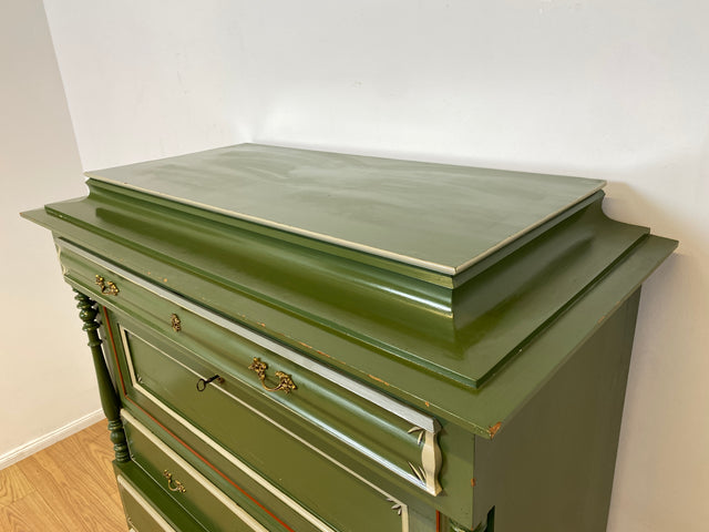 WMK I Imposanter grüner antiker Schreibschrank aus vollem Holz mit stabiler Schreibklappe und Schubladen I Sekretär Schrank Highboard Desk Kommode Wäsche Bauern Gründerzeit Vintage Berlin Dresden Ulm