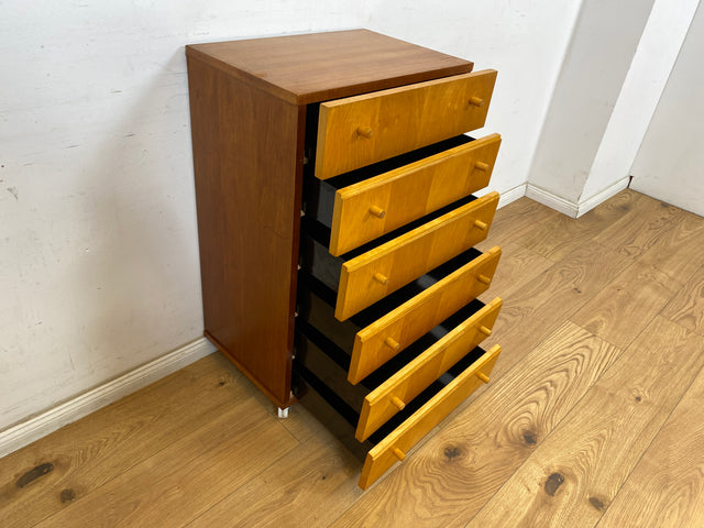 WMK Hübsche und sehr gut erhaltene 70er Jahre Kommode auf Rollen mit 6 Schubladen und formschönen Holzgriffen # Schrank Schubladenkommode Rollkommode Wäschekommode Badezimmerschrank Retro Vintage DDR