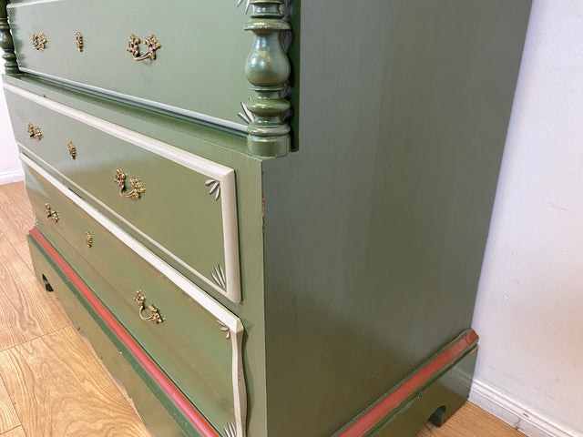 WMK I Imposanter grüner antiker Schreibschrank aus vollem Holz mit stabiler Schreibklappe und Schubladen I Sekretär Schrank Highboard Desk Kommode Wäsche Bauern Gründerzeit Vintage Berlin Dresden Ulm