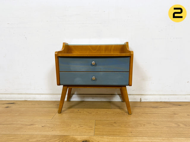 WMK 1/2 Besonders schöner & gut erhaltener Mid-Century Nachttisch , Vollholz ,  mit Schubladen in blau bezogen # Nachtschrank Nachtkommode Nachtschränkchen Bedside Table Kommode Vintage DDR 50er 60er