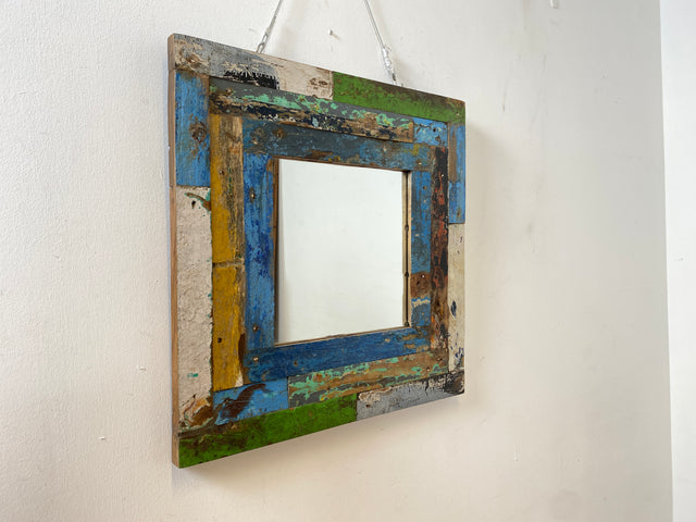 Boatwood by WMK # Friendly wall mirror 60x60 made of old boat wood, a handmade unique piece made of teak in the original colors of the boats # colorful mirror hallway mirror bathroom mirror Mirror Art boat furniture