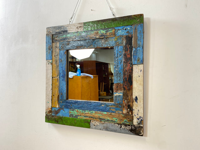 Boatwood by WMK # Friendly wall mirror 60x60 made of old boat wood, a handmade unique piece made of teak in the original colors of the boats # colorful mirror hallway mirror bathroom mirror Mirror Art boat furniture