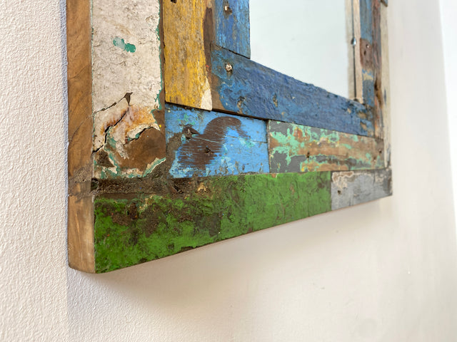 Boatwood by WMK # Friendly wall mirror 60x60 made of old boat wood, a handmade unique piece made of teak in the original colors of the boats # colorful mirror hallway mirror bathroom mirror Mirror Art boat furniture