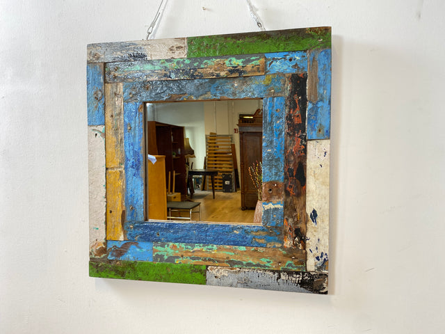 Boatwood by WMK # Friendly wall mirror 60x60 made of old boat wood, a handmade unique piece made of teak in the original colors of the boats # colorful mirror hallway mirror bathroom mirror Mirror Art boat furniture