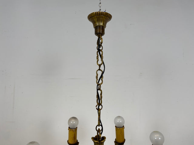 WMK Wunderschöner 6-flammiger antiker Kronleuchter aus Messing mit kerzenartigen Abdeckungen, neu verkabelt # Luster Deckenlampe Deckenleuchte Leuchte Kettenleuchte Hängeleuchte Vintage