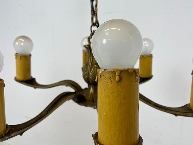 WMK Wunderschöner 6-flammiger antiker Kronleuchter aus Messing mit kerzenartigen Abdeckungen, neu verkabelt # Luster Deckenlampe Deckenleuchte Leuchte Kettenleuchte Hängeleuchte Vintage