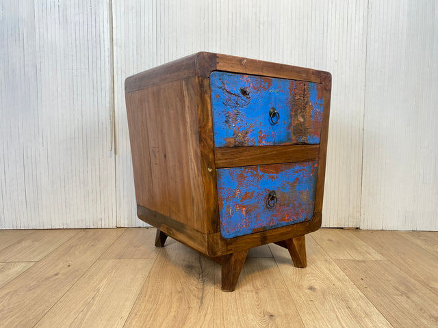 Boatwood by WMK # Beautifully designed and colourful bedside table made of old boat wood, a handmade unique piece made of solid teak # Bedside table, bedside chest of drawers, side table, teak