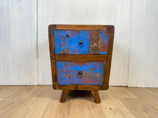 Boatwood by WMK # Beautifully designed and colourful bedside table made of old boat wood, a handmade unique piece made of solid teak # Bedside table, bedside chest of drawers, side table, teak