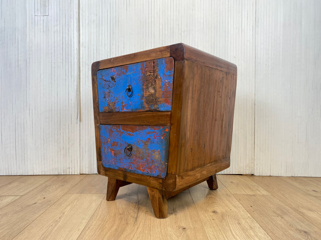 Boatwood by WMK # Beautifully designed and colourful bedside table made of old boat wood, a handmade unique piece made of solid teak # Bedside table, bedside chest of drawers, side table, teak