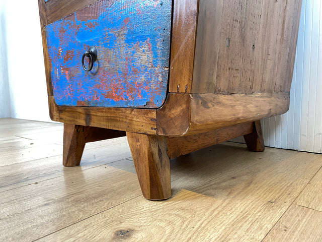 Boatwood by WMK # Beautifully designed and colourful bedside table made of old boat wood, a handmade unique piece made of solid teak # Bedside table, bedside chest of drawers, side table, teak