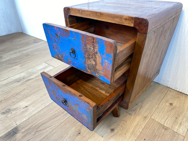 Boatwood by WMK # Beautifully designed and colourful bedside table made of old boat wood, a handmade unique piece made of solid teak # Bedside table, bedside chest of drawers, side table, teak