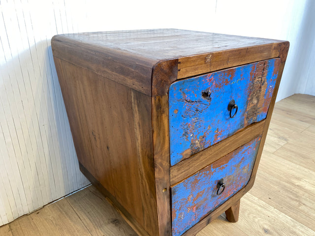 Boatwood by WMK # Beautifully designed and colourful bedside table made of old boat wood, a handmade unique piece made of solid teak # Bedside table, bedside chest of drawers, side table, teak