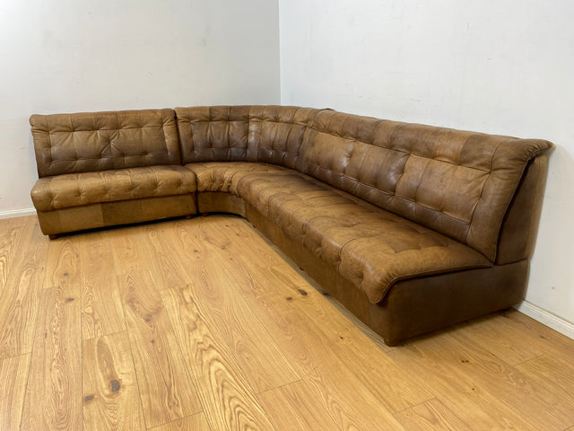 WMK Große & sehr bequeme modulare Vintage Sitzgarnitur aus 3er & 2er Sofa , 2 Sessel & Hocker in echt Leder mit Patina # Ledergarnitur Eckgarnitur Ledersofa Ledercouch Ecksofa Ledersessel Couch 70er