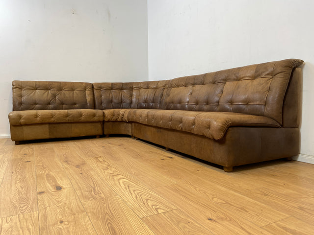 WMK Große & sehr bequeme modulare Vintage Sitzgarnitur aus 3er & 2er Sofa , 2 Sessel & Hocker in echt Leder mit Patina # Ledergarnitur Eckgarnitur Ledersofa Ledercouch Ecksofa Ledersessel Couch 70er