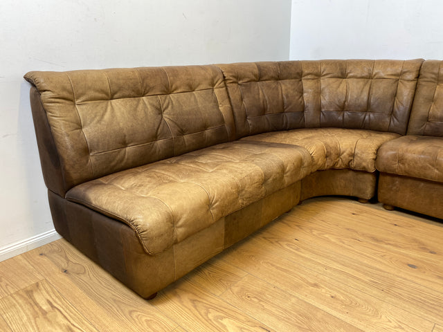 WMK Große & sehr bequeme modulare Vintage Sitzgarnitur aus 3er & 2er Sofa , 2 Sessel & Hocker in echt Leder mit Patina # Ledergarnitur Eckgarnitur Ledersofa Ledercouch Ecksofa Ledersessel Couch 70er