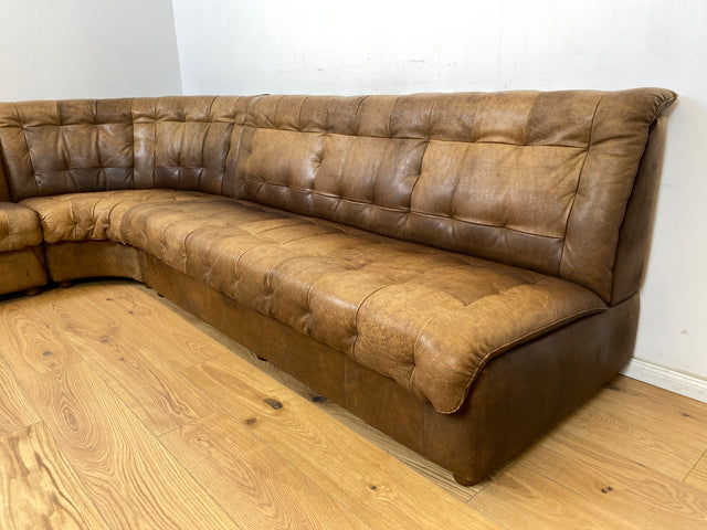 WMK Große & sehr bequeme modulare Vintage Sitzgarnitur aus 3er & 2er Sofa , 2 Sessel & Hocker in echt Leder mit Patina # Ledergarnitur Eckgarnitur Ledersofa Ledercouch Ecksofa Ledersessel Couch 70er