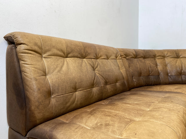 WMK Große & sehr bequeme modulare Vintage Sitzgarnitur aus 3er & 2er Sofa , 2 Sessel & Hocker in echt Leder mit Patina # Ledergarnitur Eckgarnitur Ledersofa Ledercouch Ecksofa Ledersessel Couch 70er