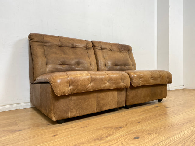 WMK Große & sehr bequeme modulare Vintage Sitzgarnitur aus 3er & 2er Sofa , 2 Sessel & Hocker in echt Leder mit Patina # Ledergarnitur Eckgarnitur Ledersofa Ledercouch Ecksofa Ledersessel Couch 70er