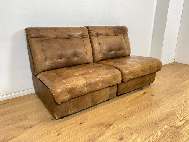 WMK Große & sehr bequeme modulare Vintage Sitzgarnitur aus 3er & 2er Sofa , 2 Sessel & Hocker in echt Leder mit Patina # Ledergarnitur Eckgarnitur Ledersofa Ledercouch Ecksofa Ledersessel Couch 70er