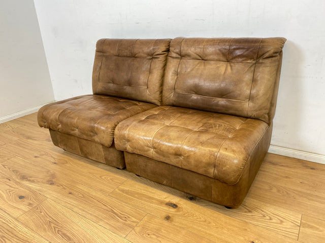 WMK Große & sehr bequeme modulare Vintage Sitzgarnitur aus 3er & 2er Sofa , 2 Sessel & Hocker in echt Leder mit Patina # Ledergarnitur Eckgarnitur Ledersofa Ledercouch Ecksofa Ledersessel Couch 70er