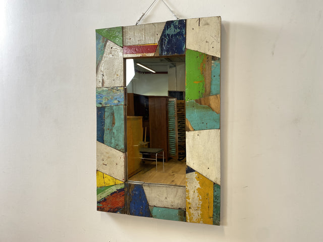 Boatwood by WMK # Friendly wall mirror 60x90 made of old boat wood, a handmade unique piece made of teak in the original colors of the boats # colorful mirror hallway mirror bathroom mirror Mirror Art boat furniture