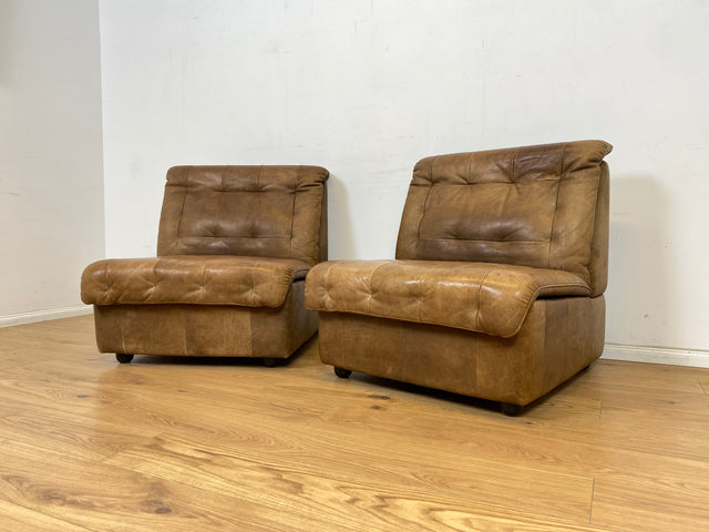 WMK Große & sehr bequeme modulare Vintage Sitzgarnitur aus 3er & 2er Sofa , 2 Sessel & Hocker in echt Leder mit Patina # Ledergarnitur Eckgarnitur Ledersofa Ledercouch Ecksofa Ledersessel Couch 70er