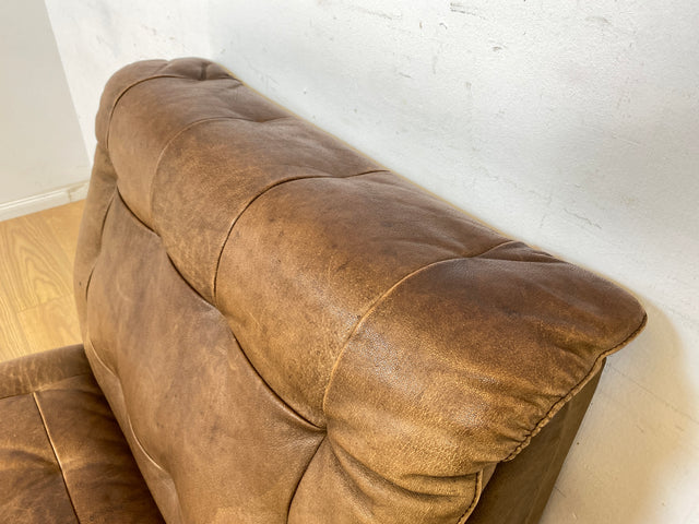 WMK Große & sehr bequeme modulare Vintage Sitzgarnitur aus 3er & 2er Sofa , 2 Sessel & Hocker in echt Leder mit Patina # Ledergarnitur Eckgarnitur Ledersofa Ledercouch Ecksofa Ledersessel Couch 70er