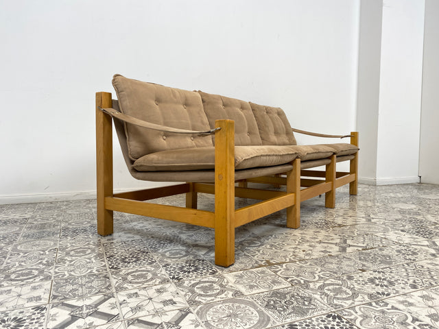 WMK Stilvolles, gemütliches und gut erhaltenes Vintage Sofa im Safari Stil mit hochwertigem gestepptem Stoffbezug # Couch 3er 3-Sitzer Sitzgarnitur Daybed Mid-Century Skandinavisches Design Retro