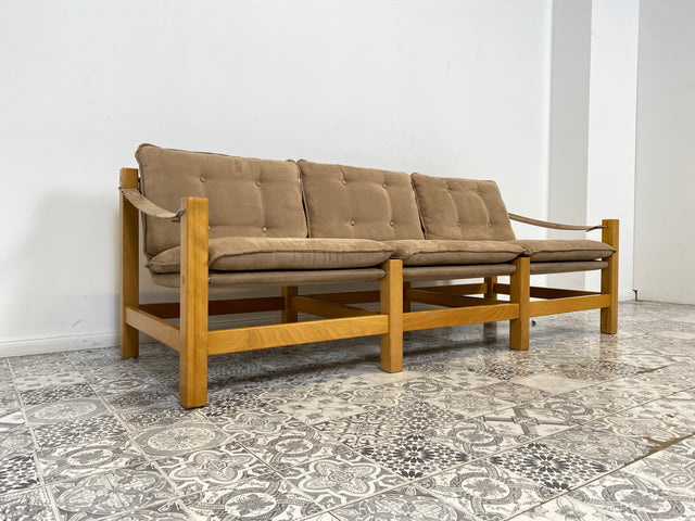 WMK Stilvolles, gemütliches und gut erhaltenes Vintage Sofa im Safari Stil mit hochwertigem gestepptem Stoffbezug # Couch 3er 3-Sitzer Sitzgarnitur Daybed Mid-Century Skandinavisches Design Retro