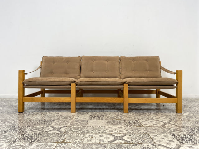 WMK Stilvolles, gemütliches und gut erhaltenes Vintage Sofa im Safari Stil mit hochwertigem gestepptem Stoffbezug # Couch 3er 3-Sitzer Sitzgarnitur Daybed Mid-Century Skandinavisches Design Retro