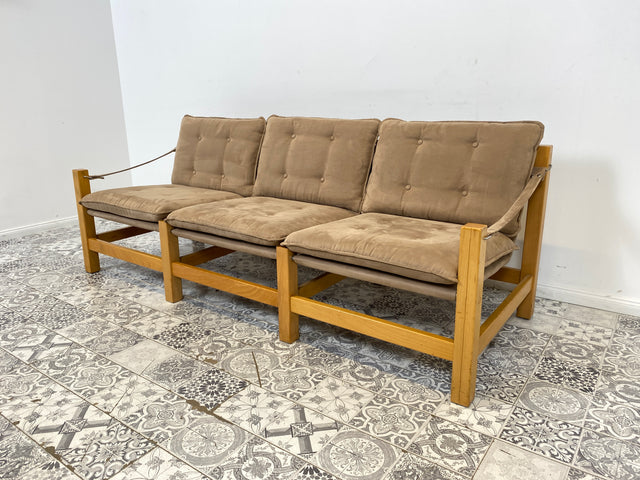 WMK Stilvolles, gemütliches und gut erhaltenes Vintage Sofa im Safari Stil mit hochwertigem gestepptem Stoffbezug # Couch 3er 3-Sitzer Sitzgarnitur Daybed Mid-Century Skandinavisches Design Retro