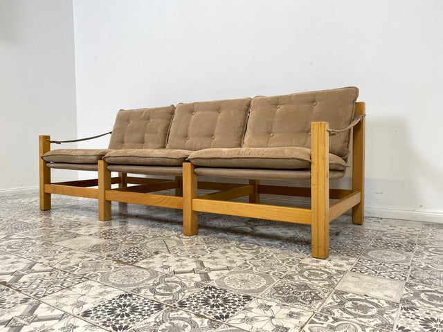 WMK Stilvolles, gemütliches und gut erhaltenes Vintage Sofa im Safari Stil mit hochwertigem gestepptem Stoffbezug # Couch 3er 3-Sitzer Sitzgarnitur Daybed Mid-Century Skandinavisches Design Retro