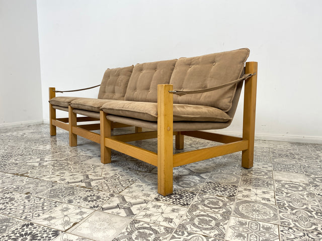 WMK Stilvolles, gemütliches und gut erhaltenes Vintage Sofa im Safari Stil mit hochwertigem gestepptem Stoffbezug # Couch 3er 3-Sitzer Sitzgarnitur Daybed Mid-Century Skandinavisches Design Retro