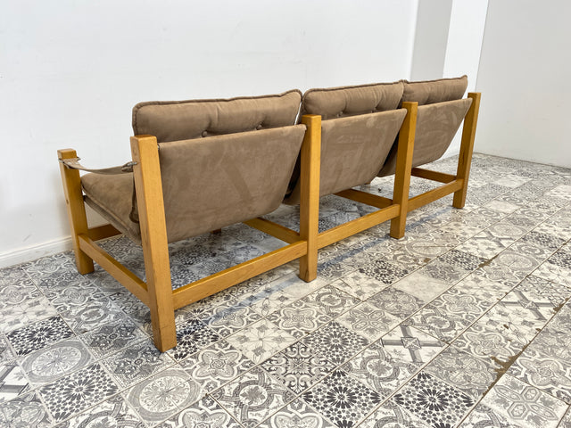 WMK Stilvolles, gemütliches und gut erhaltenes Vintage Sofa im Safari Stil mit hochwertigem gestepptem Stoffbezug # Couch 3er 3-Sitzer Sitzgarnitur Daybed Mid-Century Skandinavisches Design Retro