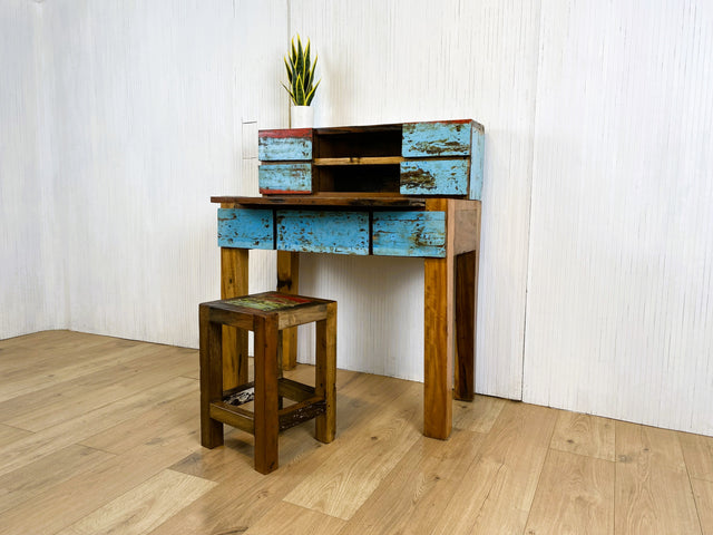 Boatwood by WMK # Schöner, meeresblauer Sekretär mit ausziehbarer Schreibplatte , ein aus altem Bootsholz handgefertigtes Unikat aus massivem Teakholz # Desk Schreibtisch Schreibschrank Konsole Loft