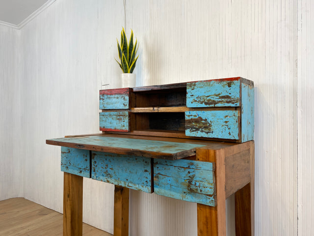 Boatwood by WMK # Schöner, meeresblauer Sekretär mit ausziehbarer Schreibplatte , ein aus altem Bootsholz handgefertigtes Unikat aus massivem Teakholz # Desk Schreibtisch Schreibschrank Konsole Loft