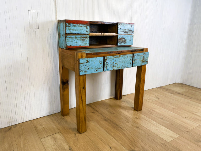 Boatwood by WMK # Schöner, meeresblauer Sekretär mit ausziehbarer Schreibplatte , ein aus altem Bootsholz handgefertigtes Unikat aus massivem Teakholz # Desk Schreibtisch Schreibschrank Konsole Loft